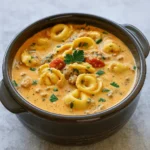 Slow Cooker Creamy Tortellini Soup with spinach and Parmesan