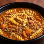 Bowl of Slow Cooker Hamburger Noodle Soup served with bread