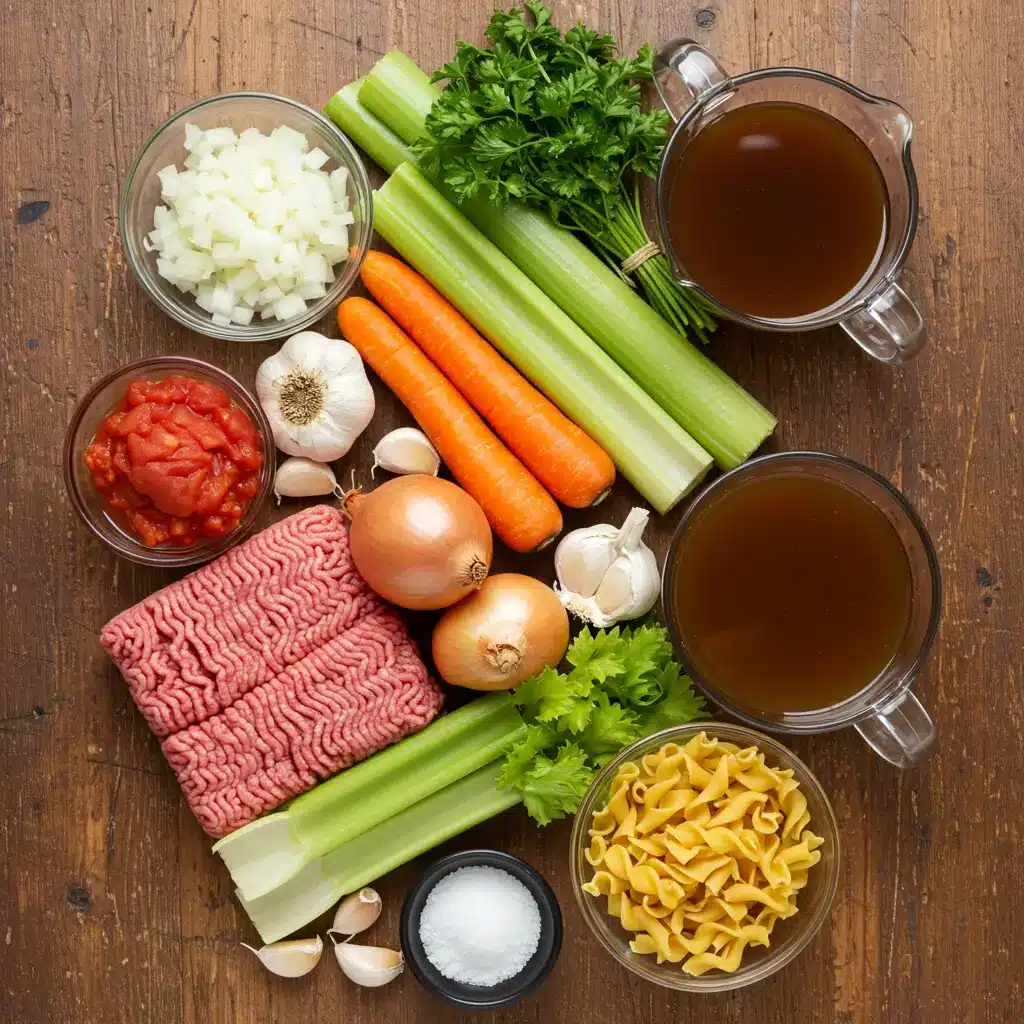 Slow Cooker Hamburger Noodle Soup ingredients on rustic counter