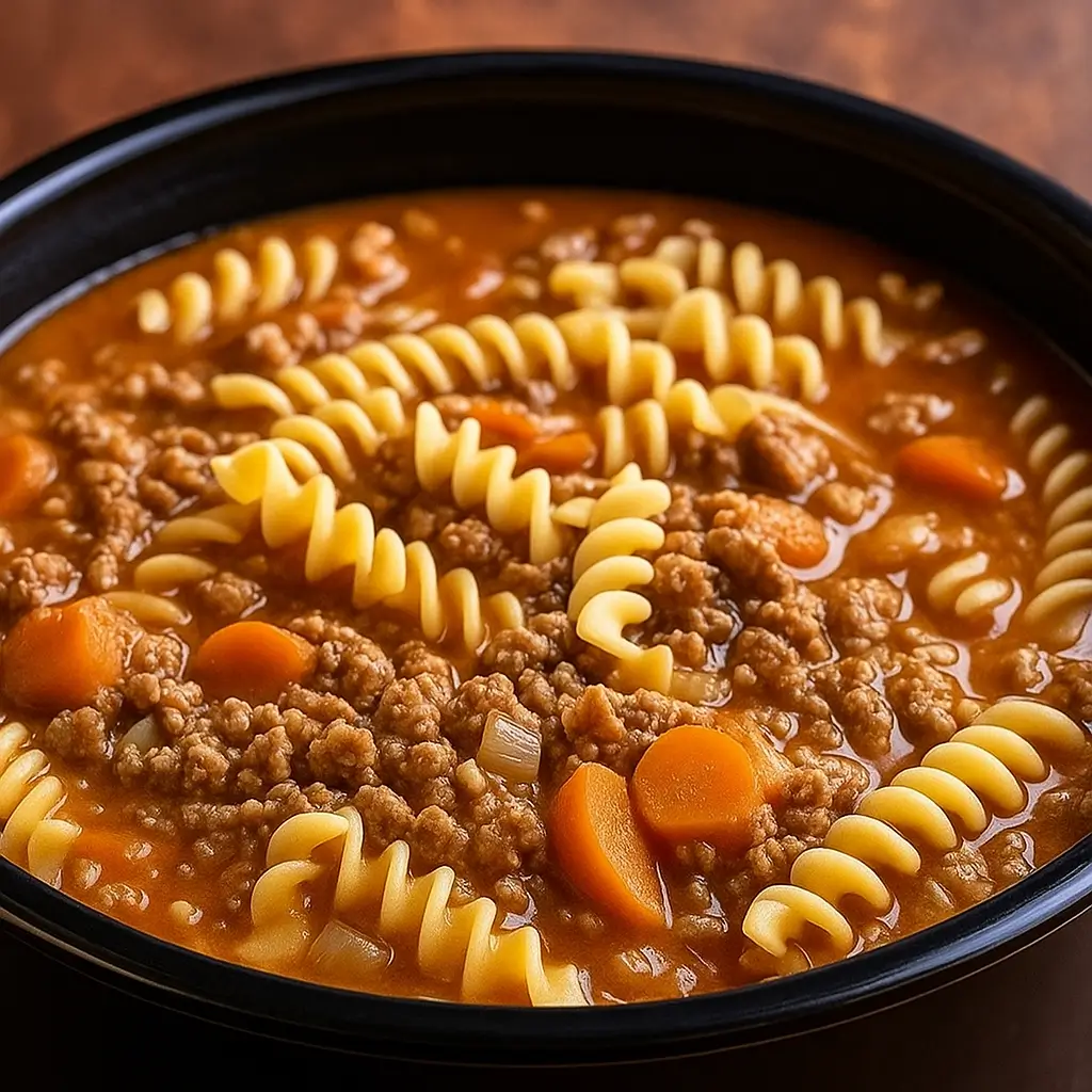 Bowl of Slow Cooker Hamburger Noodle Soup served with bread