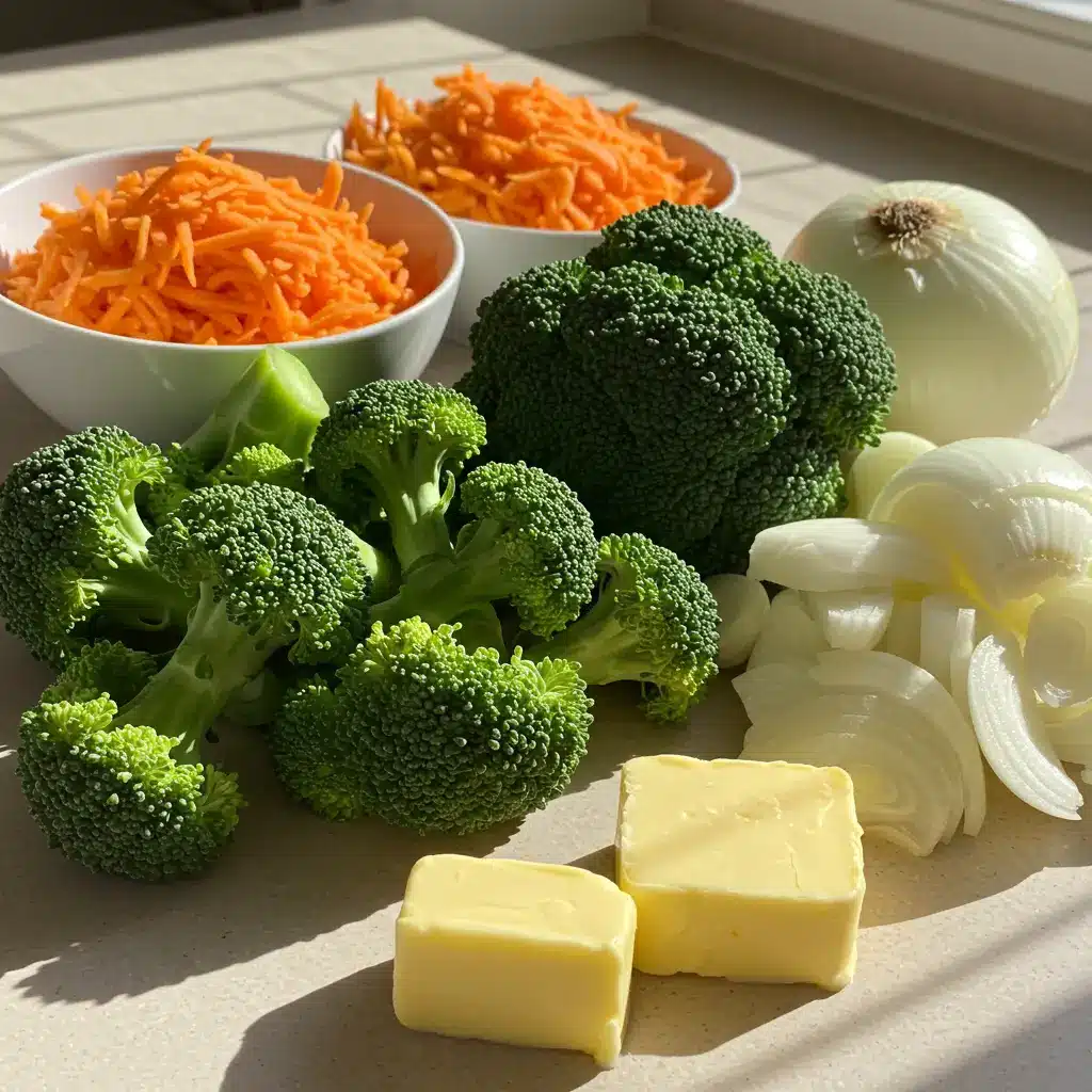 Slow Cooker Panera Broccoli Cheddar Soup ingredients on a rustic kitchen counter
