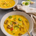 Slow Cooker Thai Curried Chicken Soup in bowl with garnish