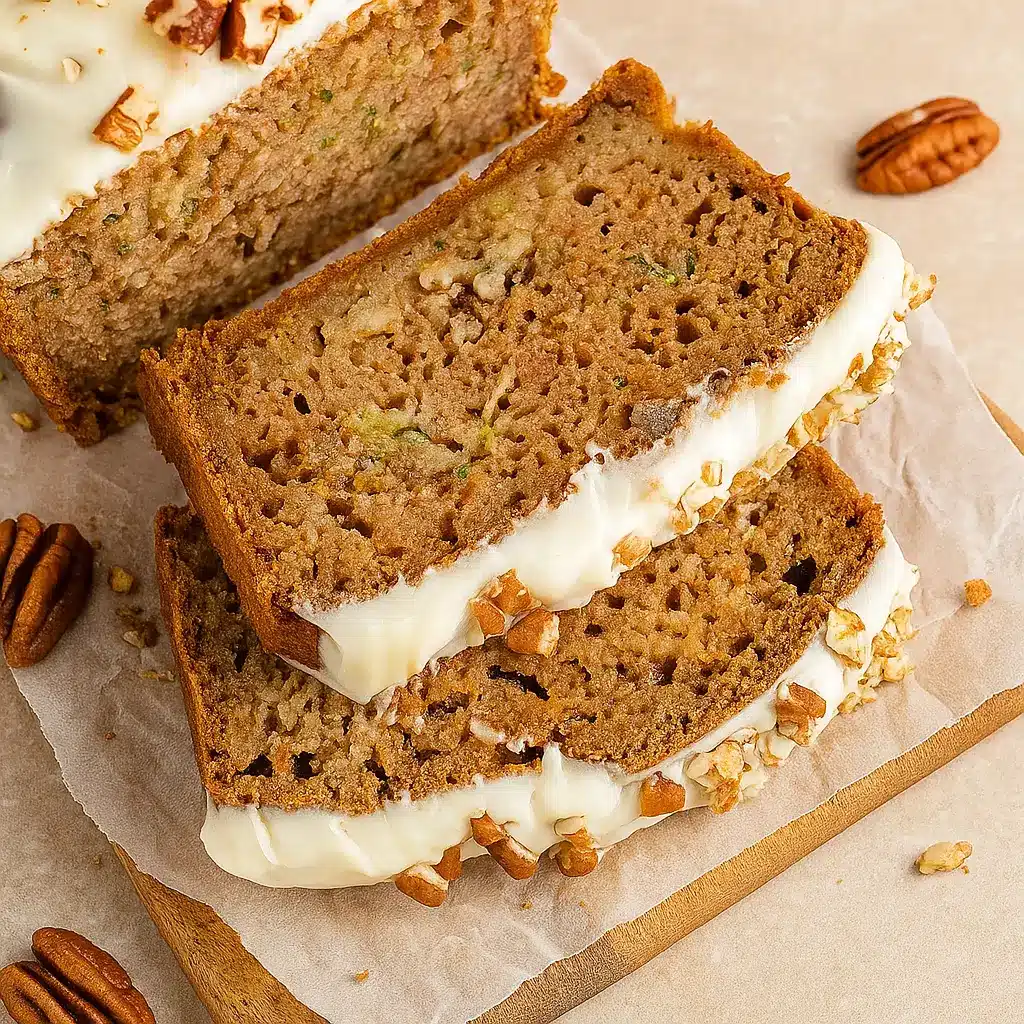 Spiced Apple Zucchini Bread with Cream Cheese Glaze on rustic table