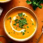spicy butternut squash and sweet potato soup in a bowl
