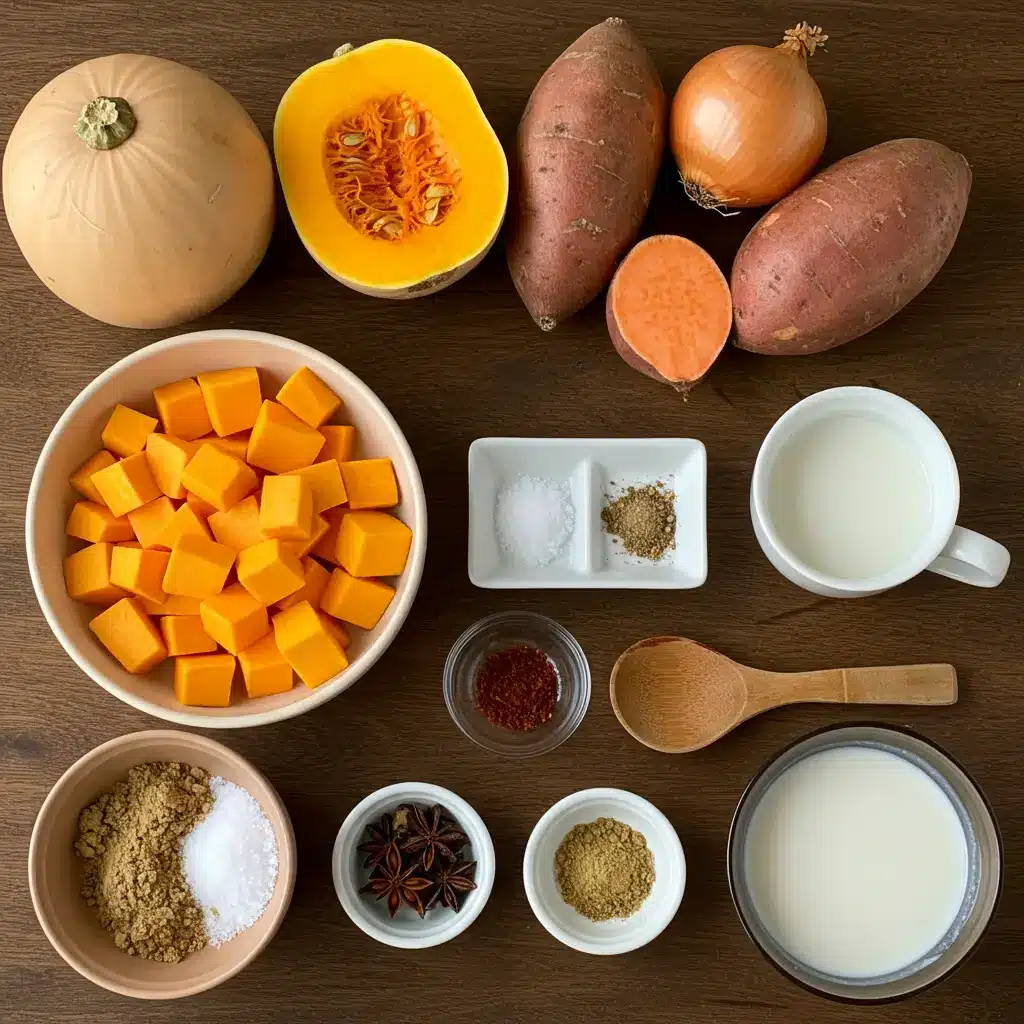 ingredients for spicy butternut squash and sweet potato soup