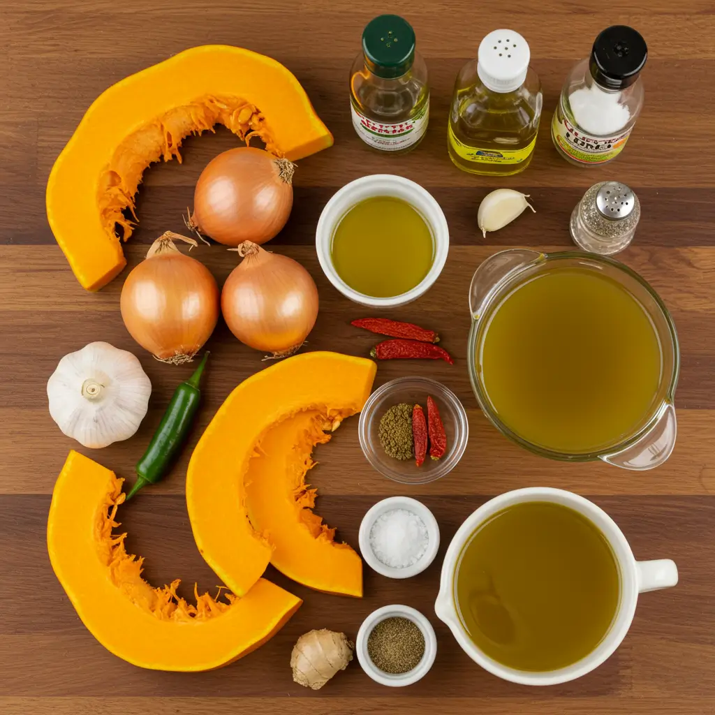 Ingredients for Spicy Pumpkin Soup on a wooden table