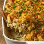 Stuffing Chicken Casserole Recipe fresh from the oven with crispy golden topping.