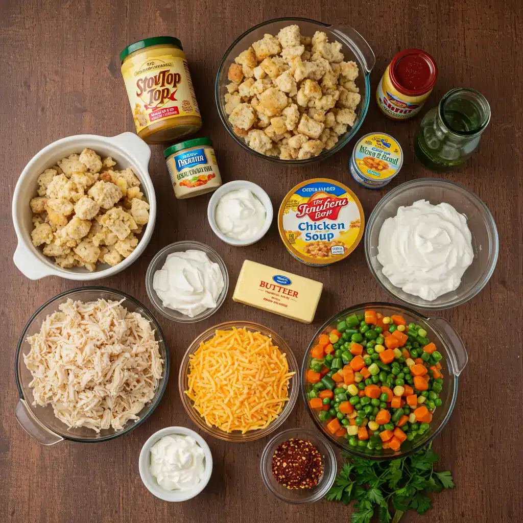Stuffing Chicken Casserole Recipe ingredients laid out on a wooden table