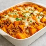 Sweet Potato and Turkey Casserole baked with cheddar cheese.