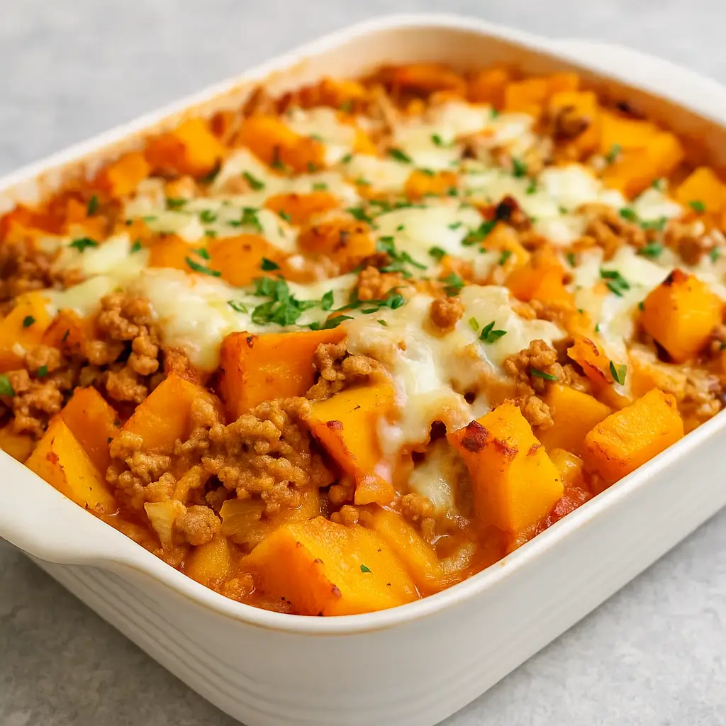 Sweet Potato and Turkey Casserole baked with cheddar cheese.