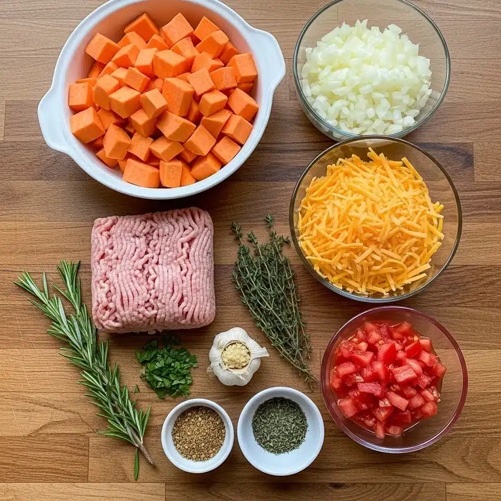 Ingredients for Sweet Potato and Turkey Casserole displayed on a countertop.