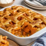 Sweet Potato Cobbler in rustic dish with golden crust