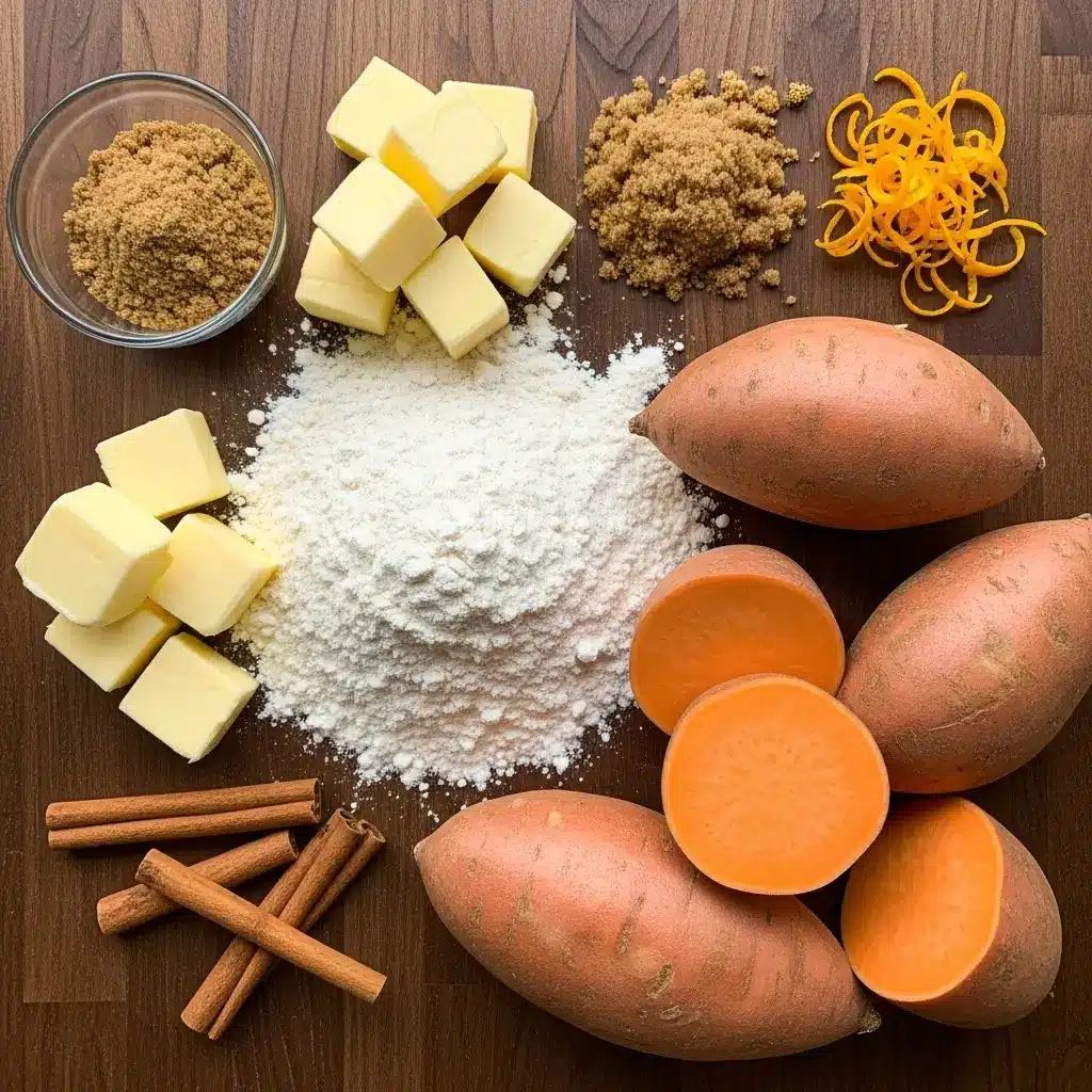 Sweet Potato Cobbler ingredients flat lay