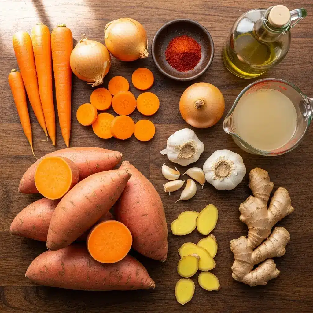 Sweet Potato Soup ingredients on wooden counter