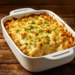 Swiss Chicken Casserole Recipe baked with creamy sauce, melted Swiss cheese, and golden buttery stuffing topping.