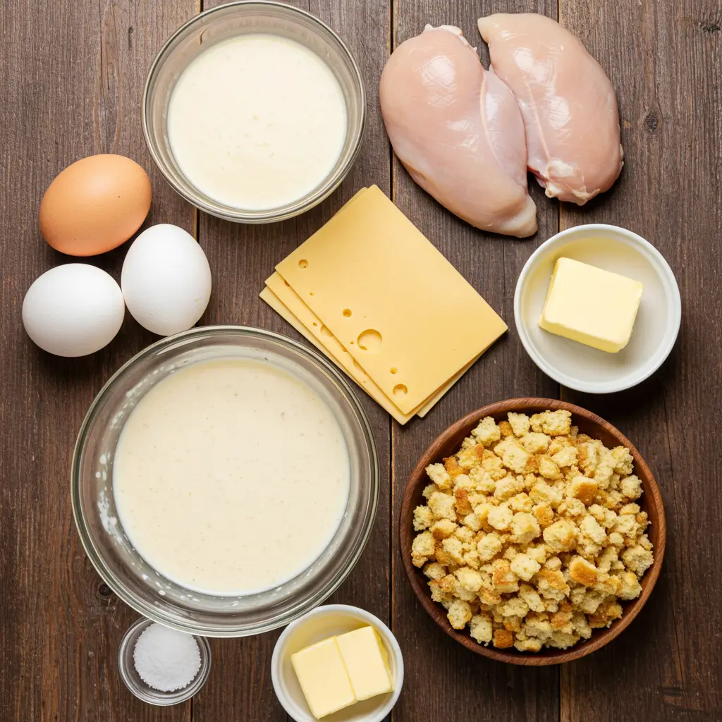 Ingredients for Swiss Chicken Casserole Recipe including chicken breasts, Swiss cheese, creamy sauce, and herb stuffing mix on a rustic table.