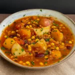 Three Sisters Stew in a rustic bowl with corn, beans, and squash