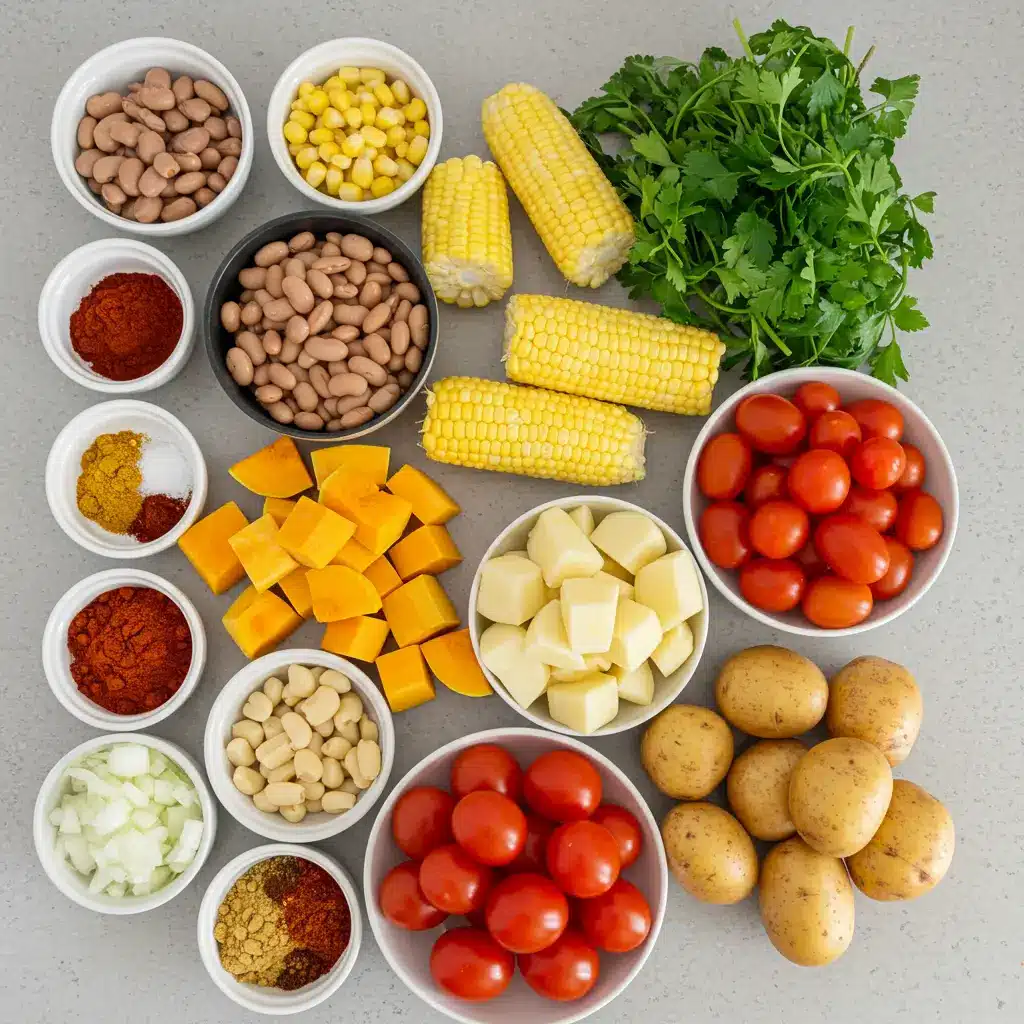 Ingredients for Three Sisters Stew including corn, beans, and squash