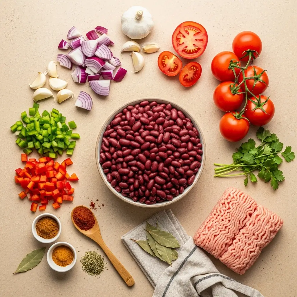 Turkey chili recipe ingredients flat lay