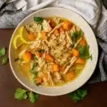Turkey Rice Soup in rustic bowl