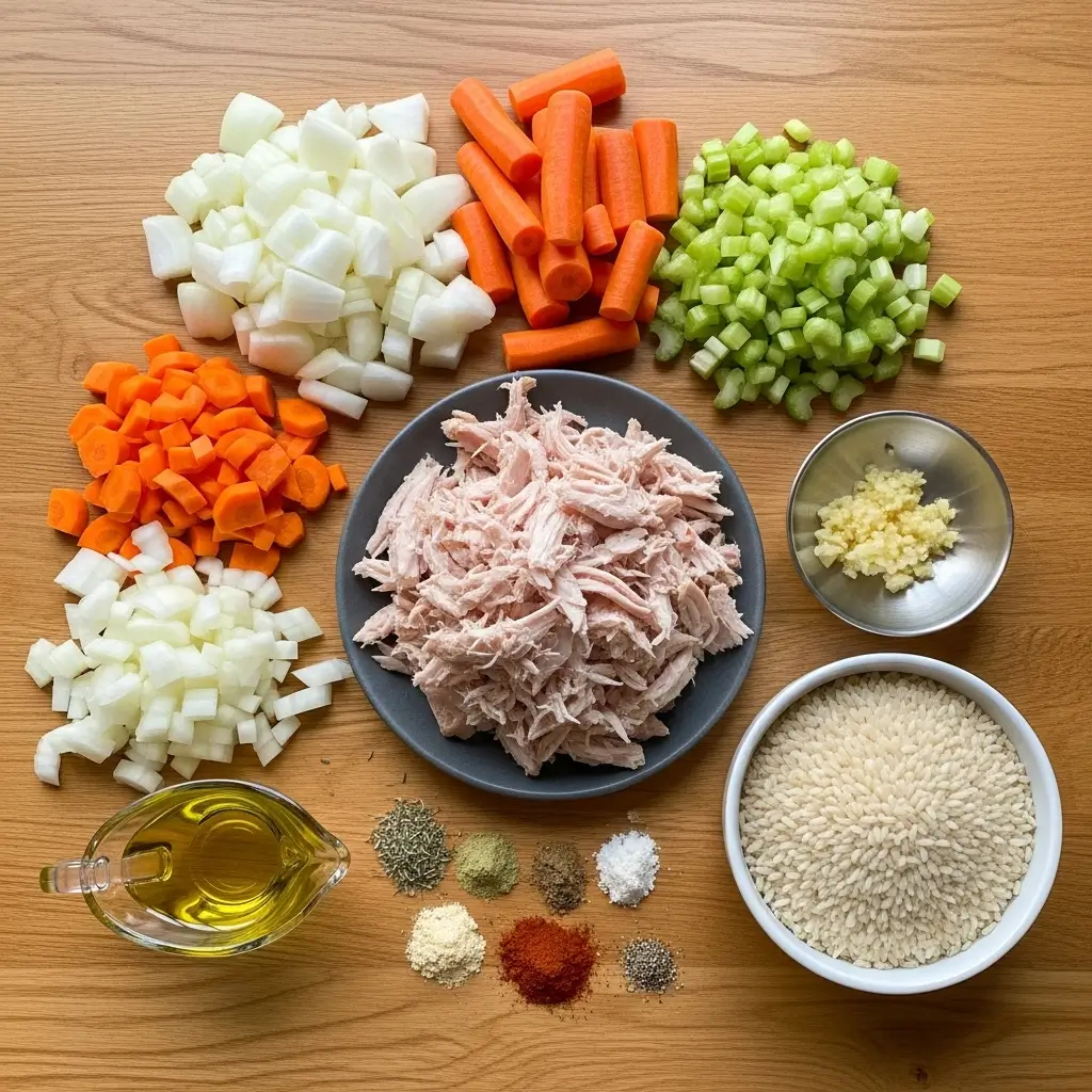 Turkey Rice Soup Ingredients Flat Lay