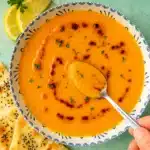 Turkish Lentil Soup (Mercimek Çorbası) served with lemon and parsley.