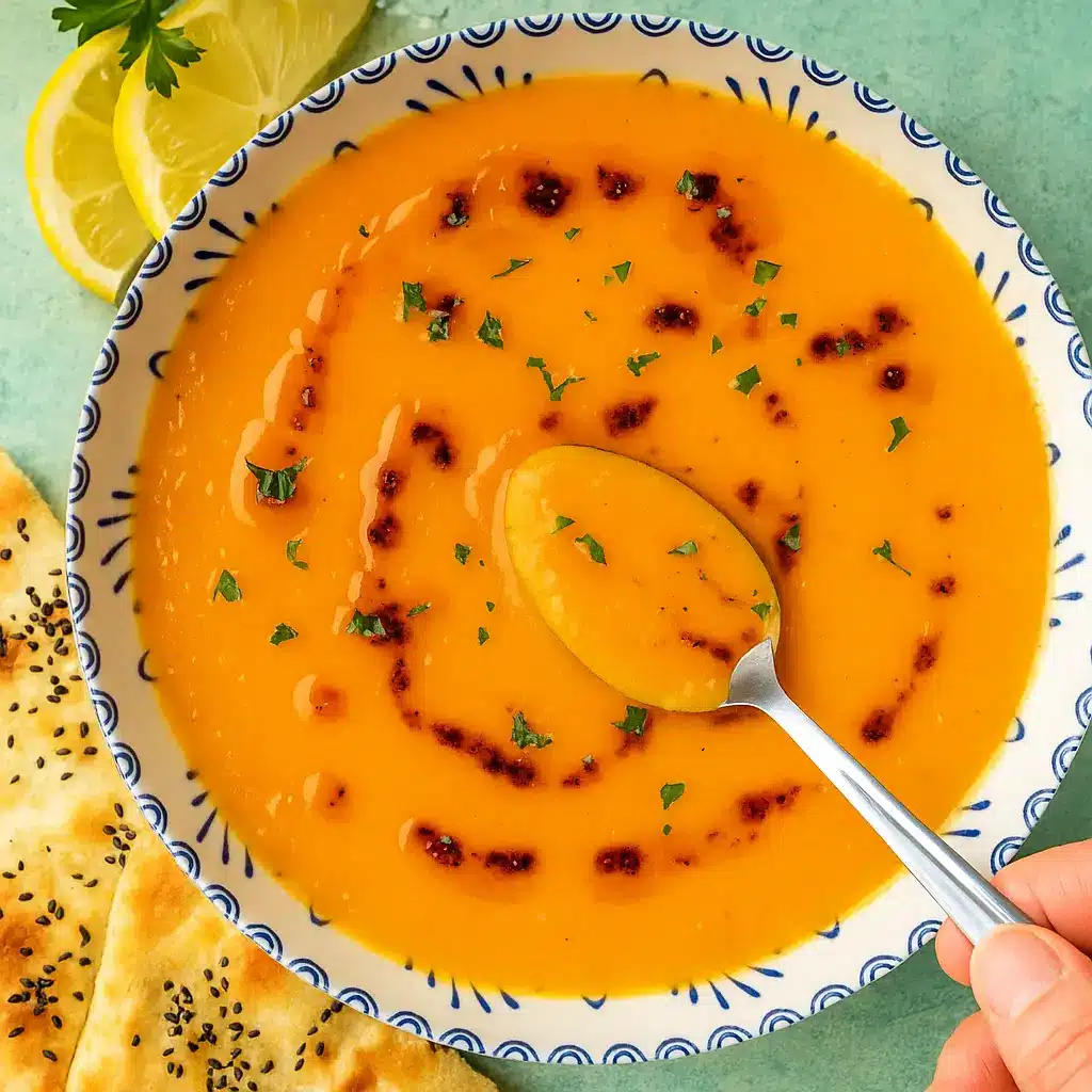 Turkish Lentil Soup (Mercimek Çorbası) served with lemon and parsley.