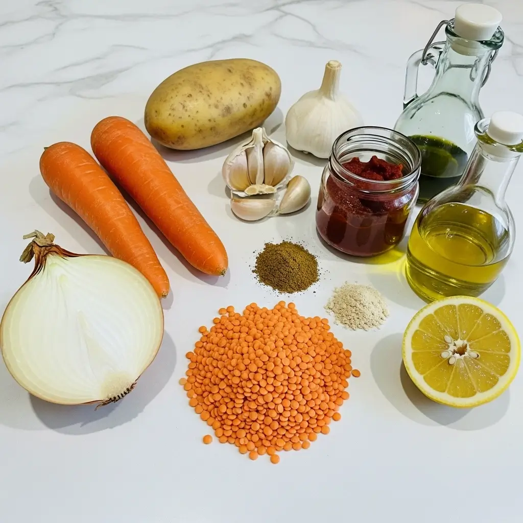 Ingredients for Turkish Lentil Soup on a countertop.