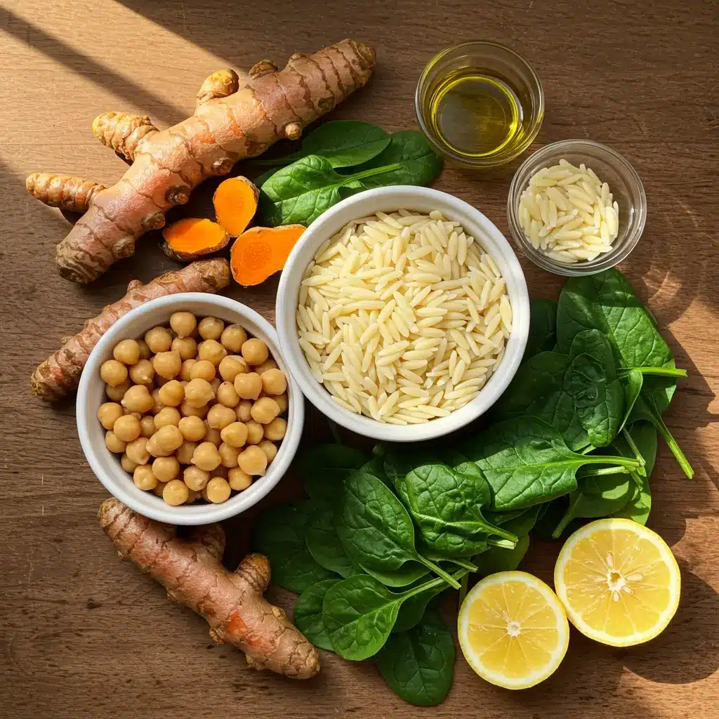 ingredients for turmeric soup with chickpeas orzo and spinach
