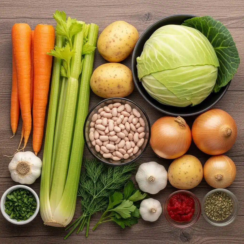 Vegan Cabbage Soup ingredients on counter