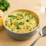Veggie pot pie soup in a rustic bowl