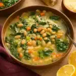 White Bean and Kale Soup in a rustic bowl