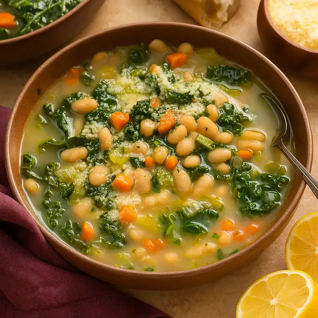 White Bean and Kale Soup in a rustic bowl