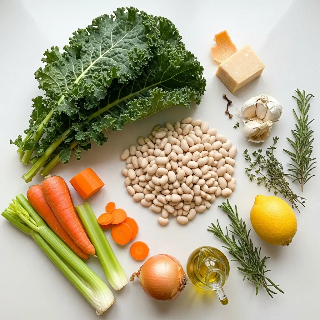 White Bean and Kale Soup ingredients on a counter