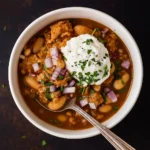 White Bean Pumpkin Turkey Chili in a rustic fall setting