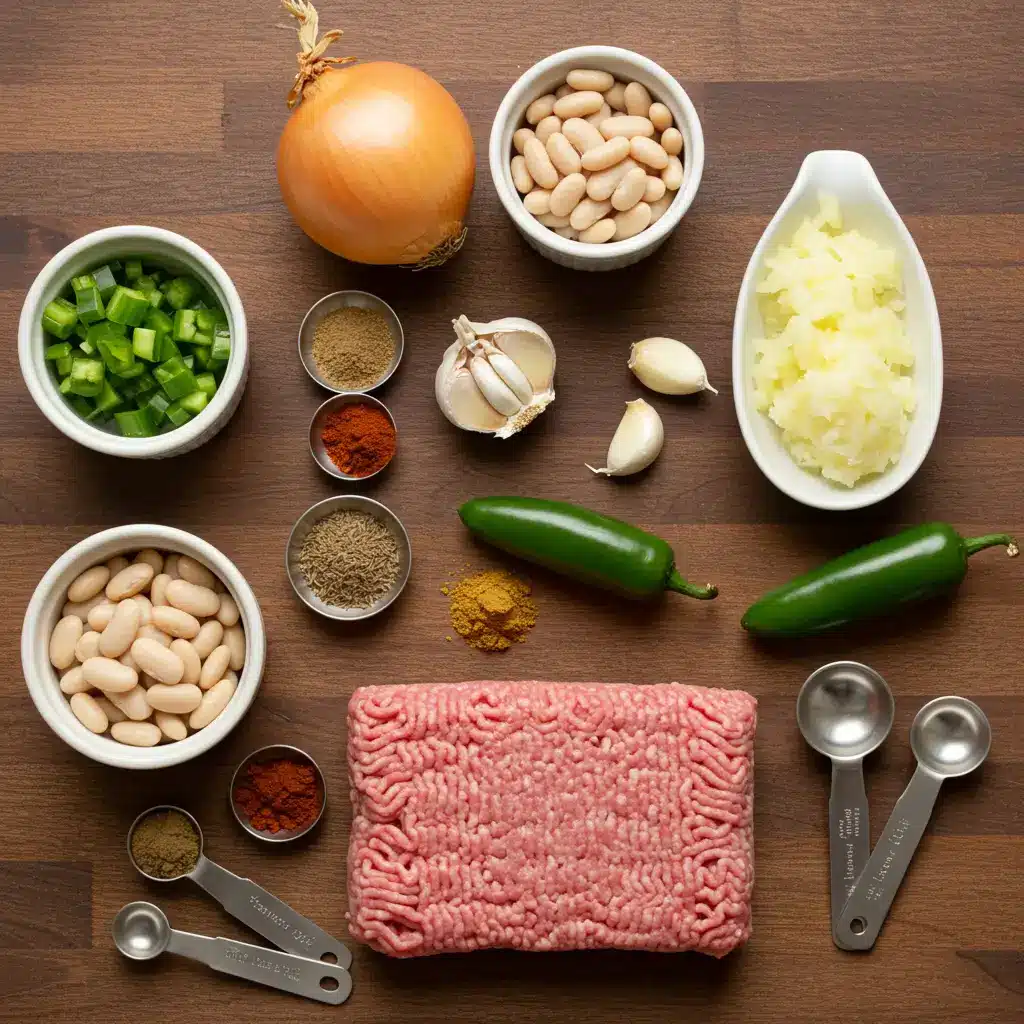 Ingredients for White Bean Pumpkin Turkey Chili arranged on a rustic table