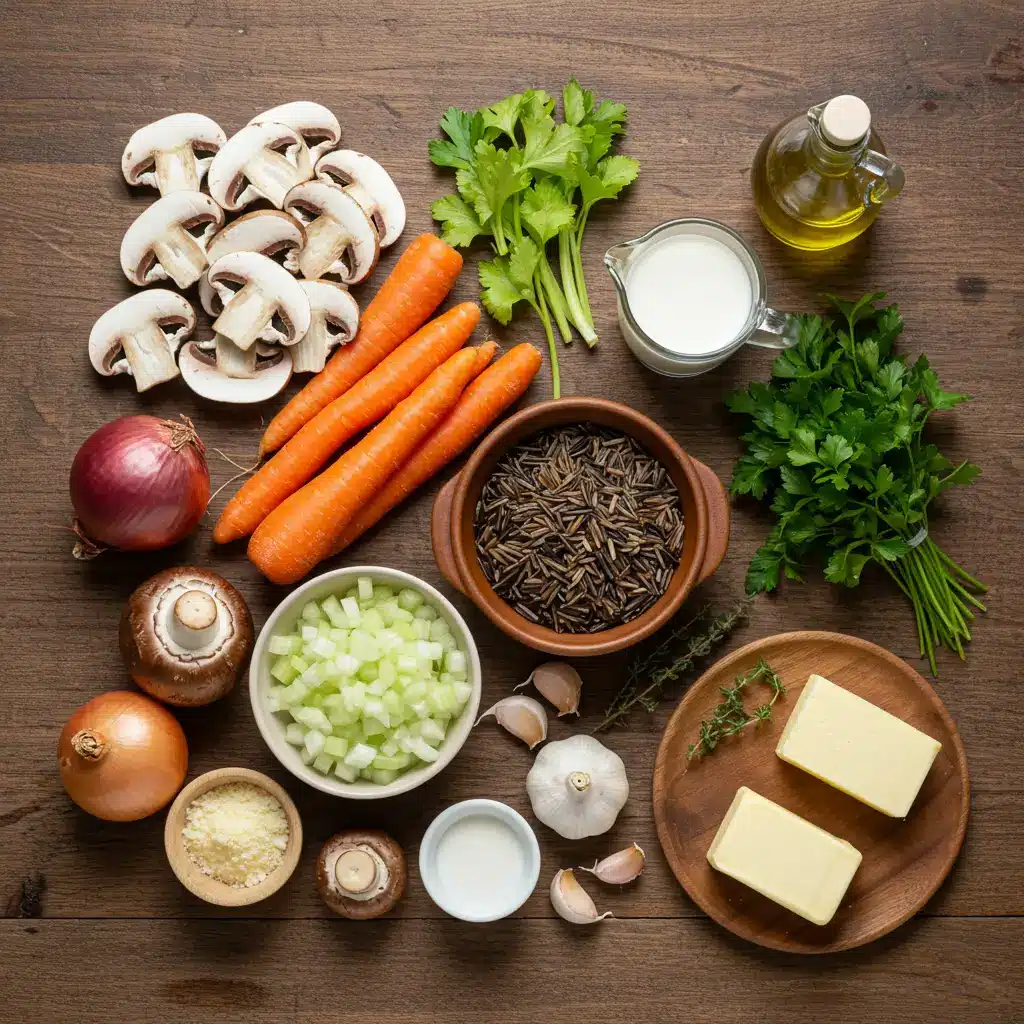 wild rice and mushroom soup ingredients on rustic table