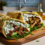 Amazing Mediterranean Chicken Gyros served with pita and tzatziki