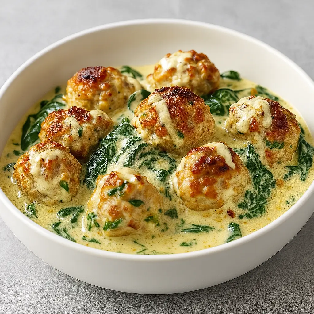 Baked Chicken Ricotta Meatballs and Spinach Alfredo Sauce– Amazing Spinach Alfredo Magic