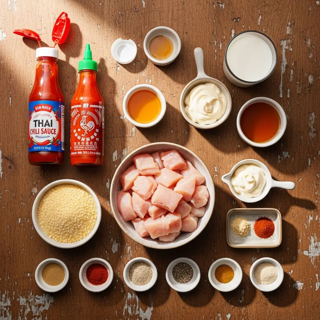 Bang Bang Chicken ingredients neatly displayed on wooden surface