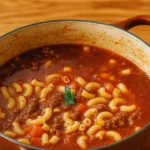 Beef and Macaroni Soup in a rustic bowl