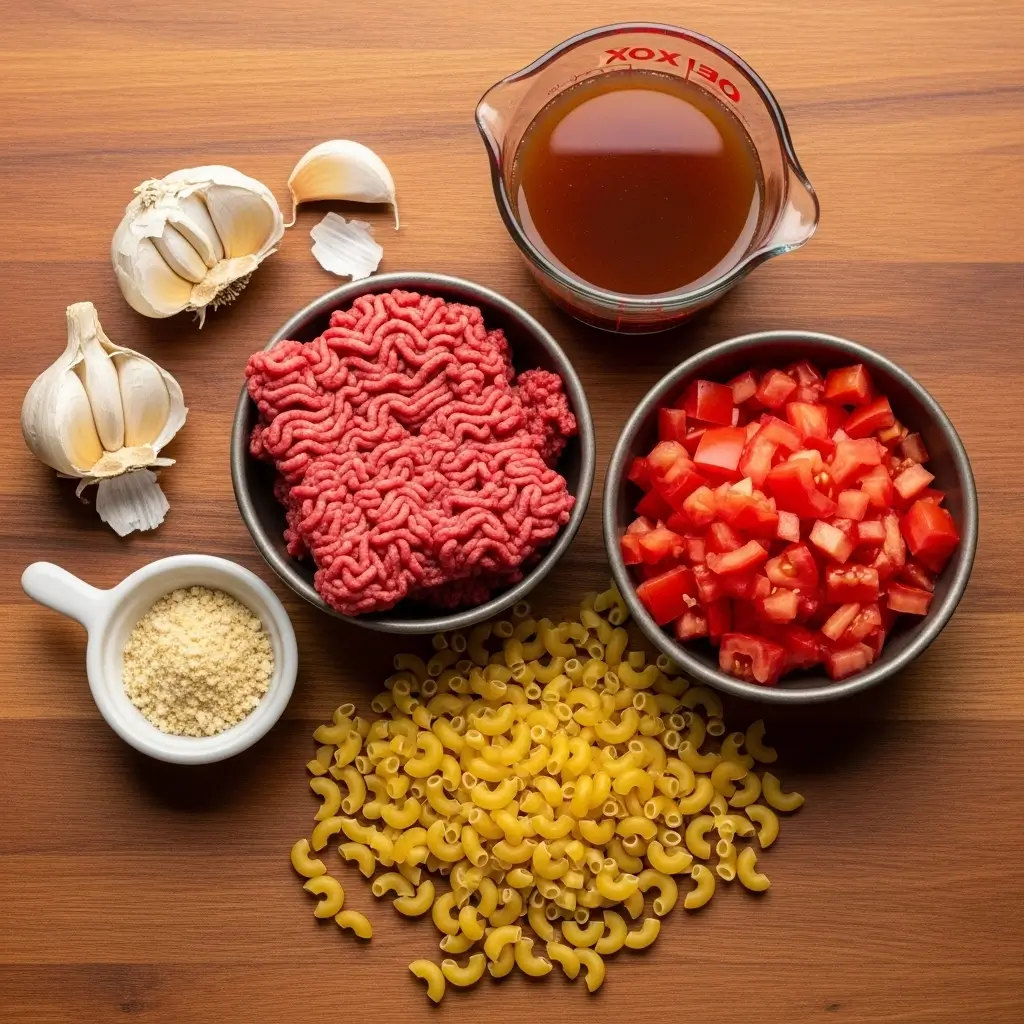 Ingredients for Beef and Macaroni Soup on kitchen counter