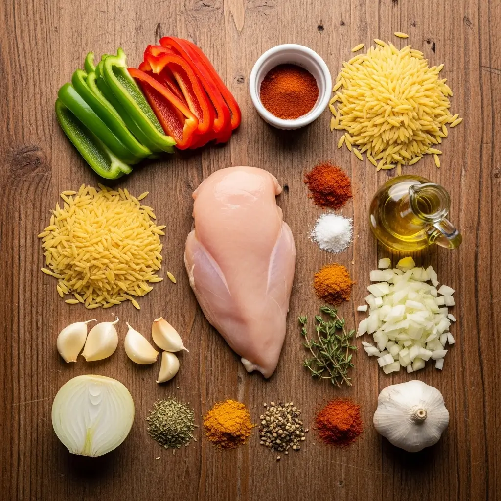 Cajun Chicken Orzo ingredients flat lay