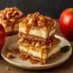 Caramel Apple Cheesecake Bars dessert with caramel drizzle