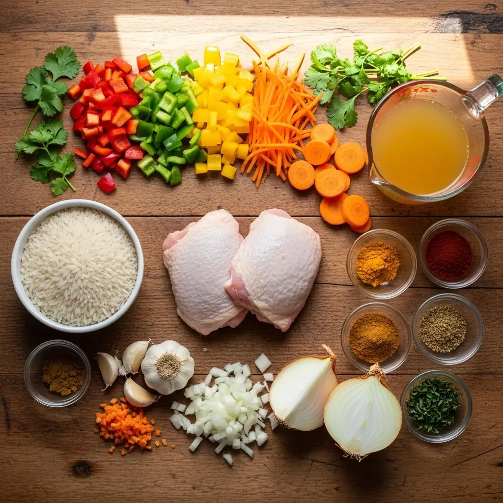 Caribbean Chicken and Rice ingredients flat lay