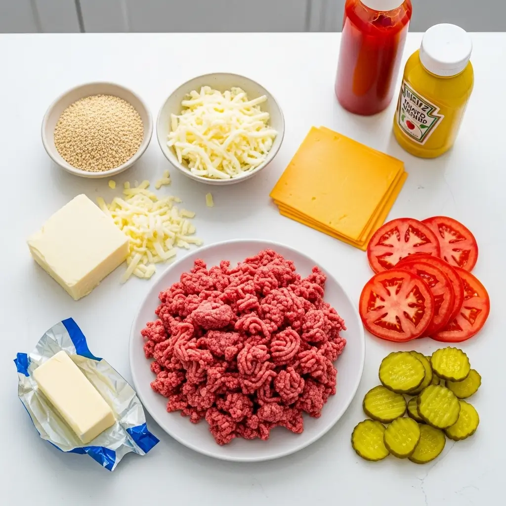 Cheeseburger Flatbreads ingredients flat lay