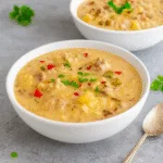 cheesesteak potato soup in rustic bowl