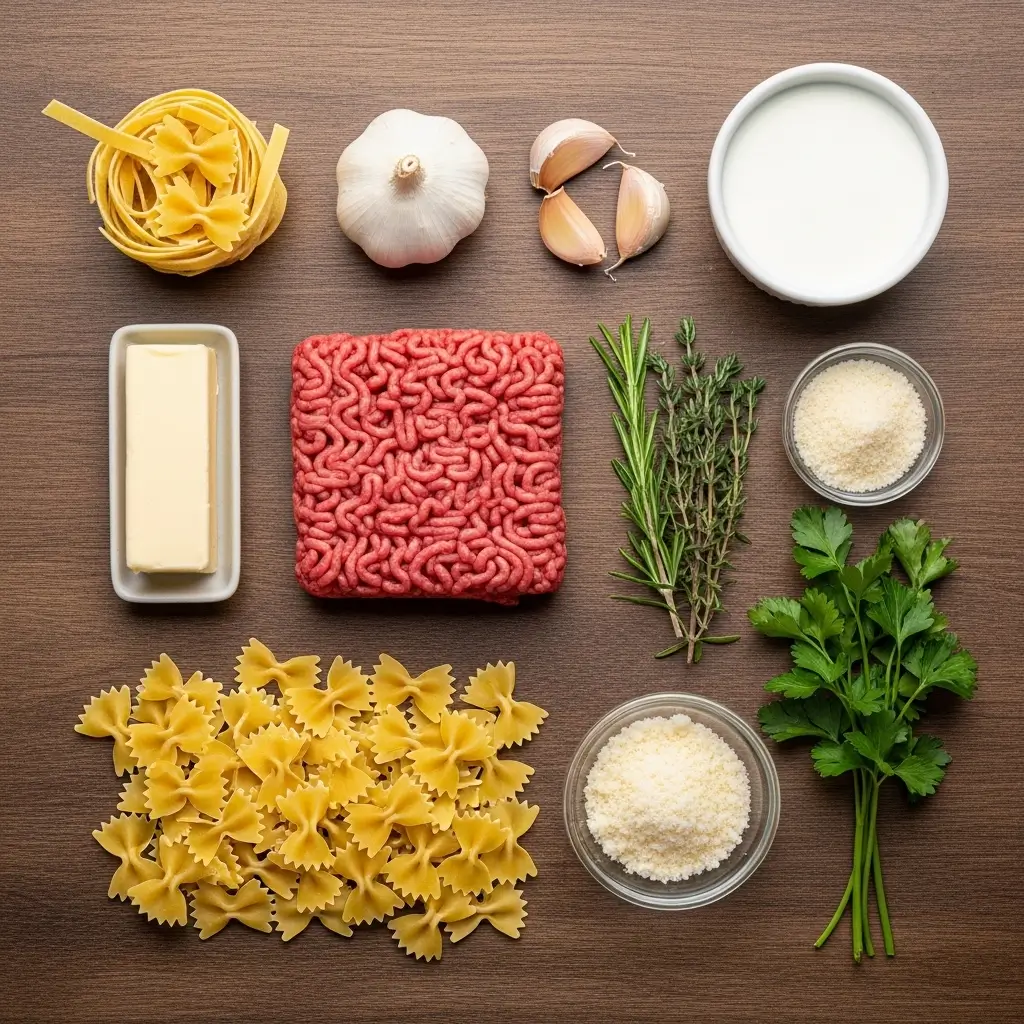 Ingredients for Cheesy Beef and Bowtie Pasta in Garlic Butter