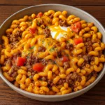 Cheesy Beef Taco Pasta served in skillet
