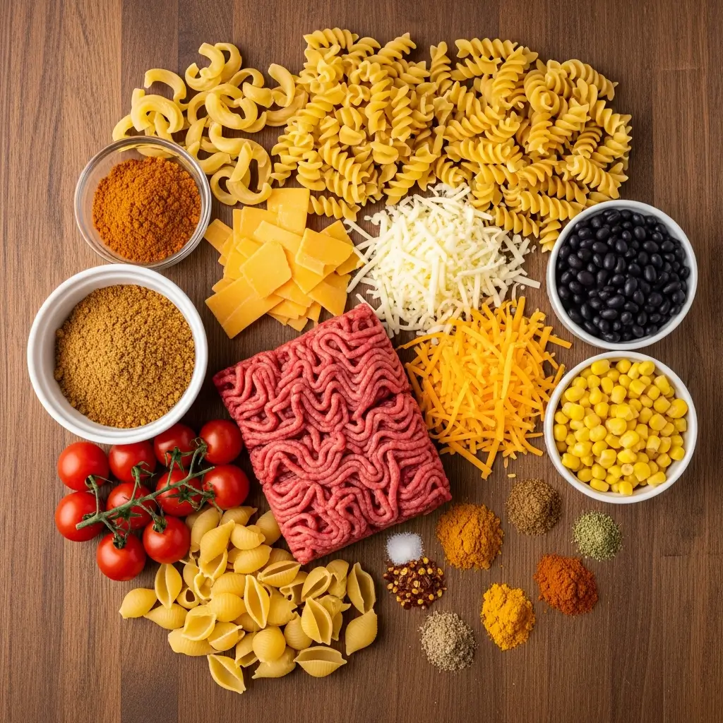 Cheesy Beef Taco Pasta ingredients on table